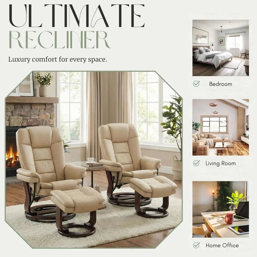 Swivel Recliner Chair with Ottoman, Beige PU Leather – 360° Reclining Lounge Chair