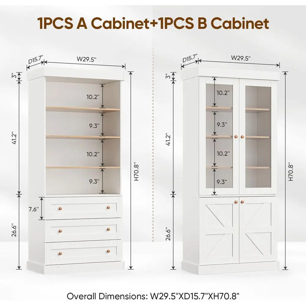 71 High Glass-Door Tall Bookcase, 3-Piece Set, Adjustable Shelves, Ideal for Living Room or Kitchen, White