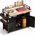 Black Outdoor Wicker Bar Cart with Extendable Plastic Wood Top and Large Storage Cabinet for Patio, Garden, and Poolside
