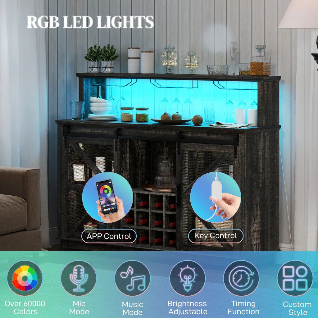 HOMCOM Farmhouse Coffee Bar Cabinet with Smart App Control LED Lights, 55" Wine Bar Cabinet with 12-Bottle Rack, Glass Holder, Kitchen Sideboard Buffet with Sliding Mesh Doors, Distressed Dark Brown