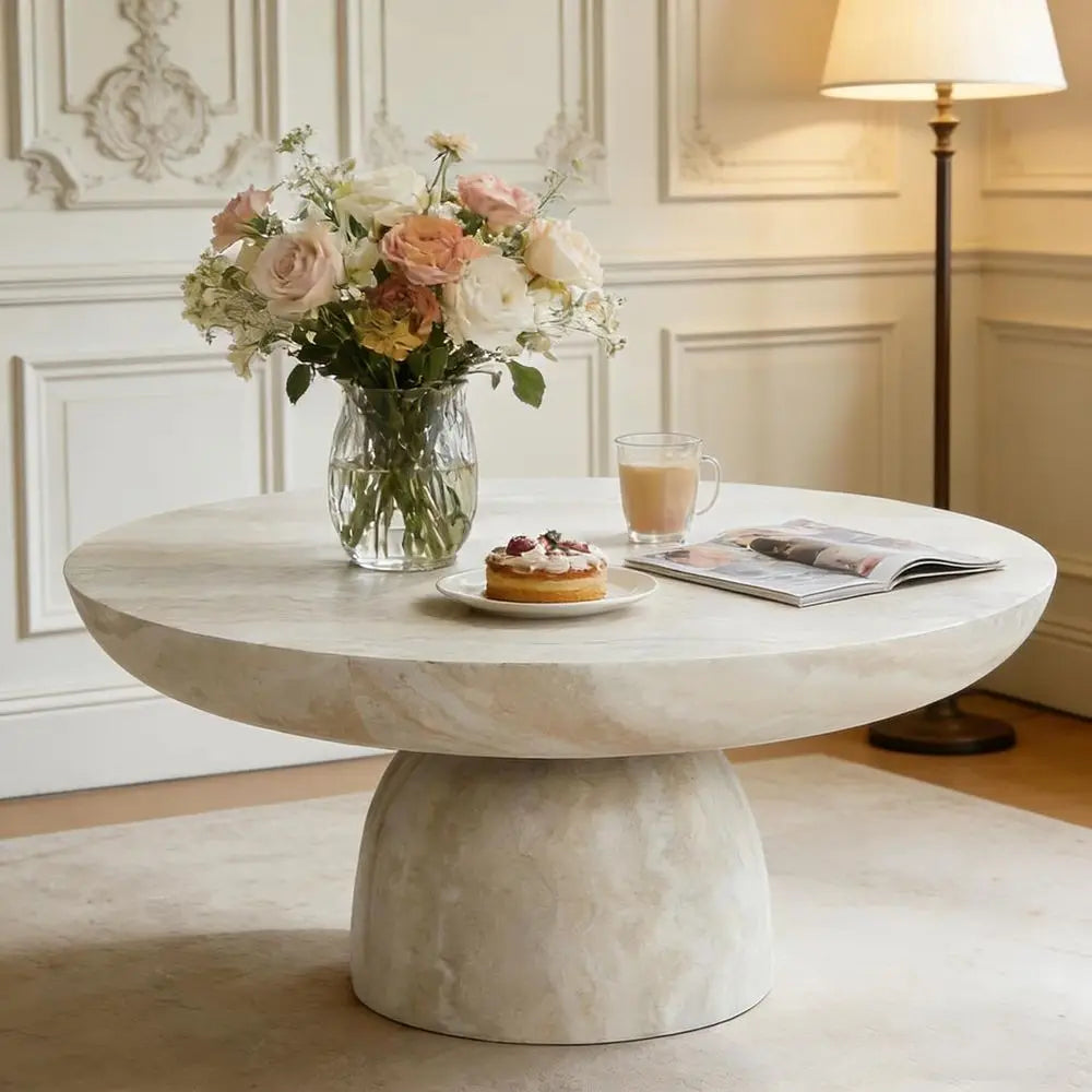 Round Marble Coffee Table with Cylindrical Leg – Fiberglass Drum Center Table for Living Room & Cocktail Area