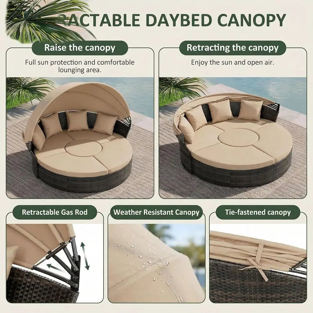 Outdoor Patio Daybed with Retractable Canopy – 5-Piece Brown Wicker Rattan Round Sectional Sofa Set