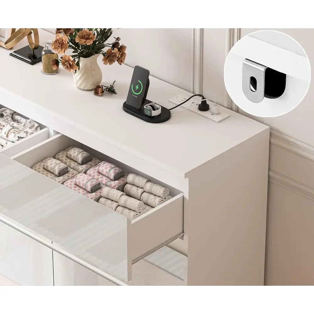 70 Inch Wide High Gloss White Chest of Drawers with Power Outlet for Large Storage in Bedroom