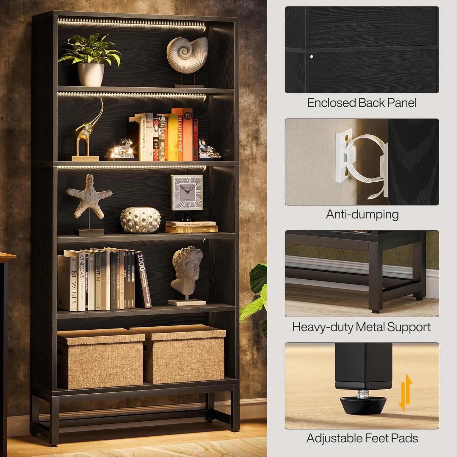 Tall Black Bookcase, 70.8 Inch Large LED Light Bookcase, 5 Tier Free Standing Storage Bookshelf for Living Room