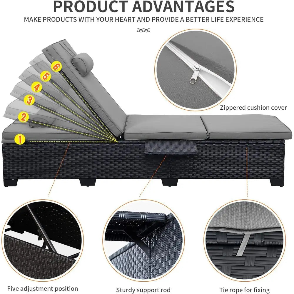 2-Piece Outdoor Patio Recliner Lounge Chair Set with Adjustable Backrests & Grey Cushions