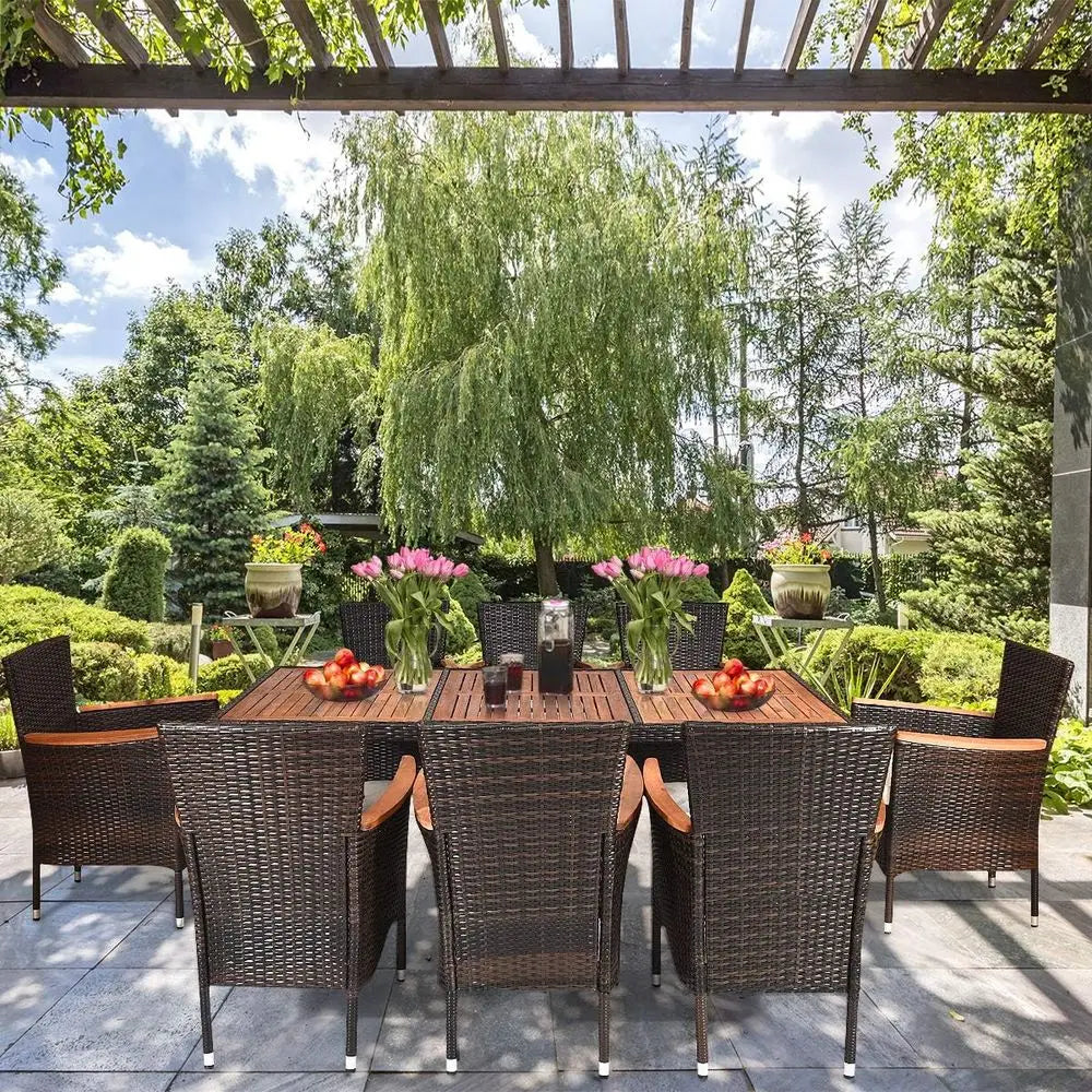 9-Piece Brown Wicker Patio Dining Set with Acacia Wood Table