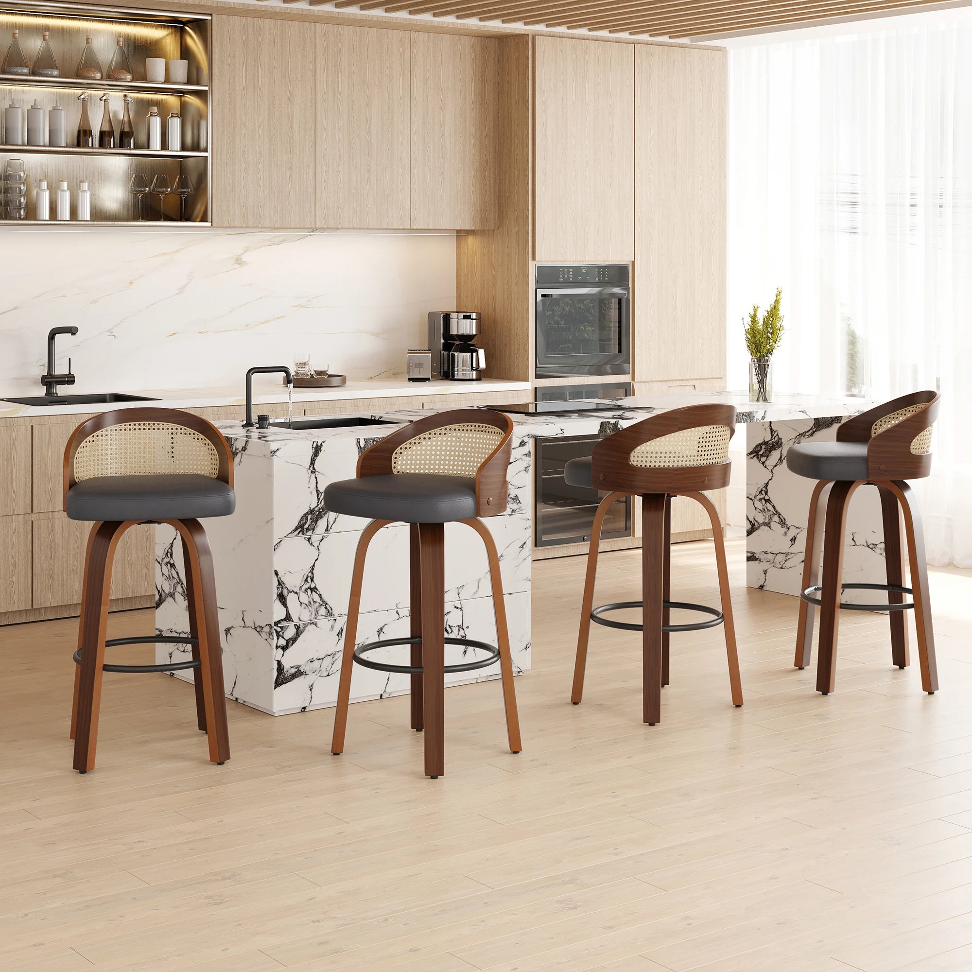 Set of 2 Swivel Bar Stools, Modern Wood Frame with Rattan Back, PU Leather Seat for Kitchen Counter, Bar Table