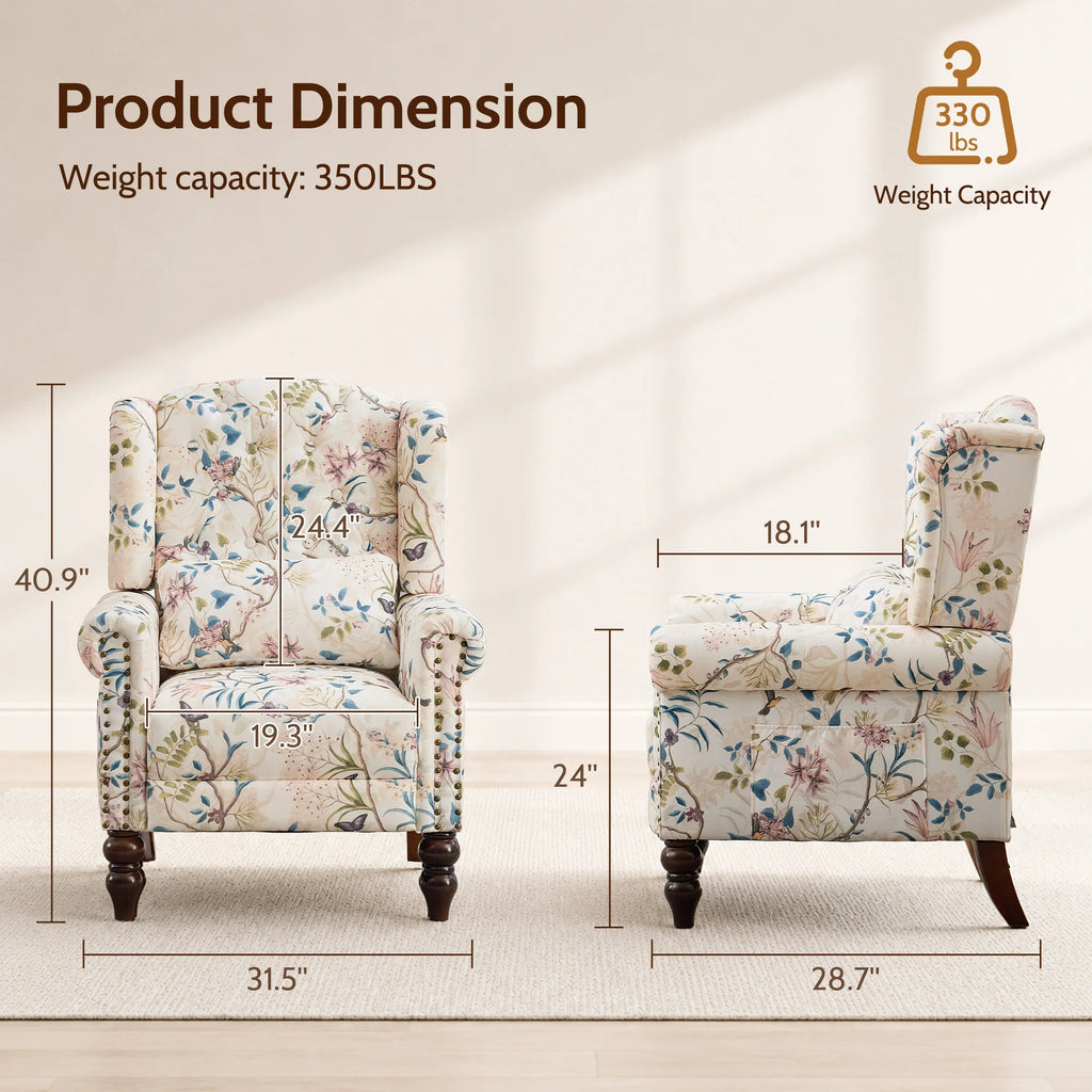 Vintage Floral Wingback Club Accent Chair with Arms Mid-Century Modern Armchair Fabric Upholstered Mid Back Single Sofa Chair for Home
