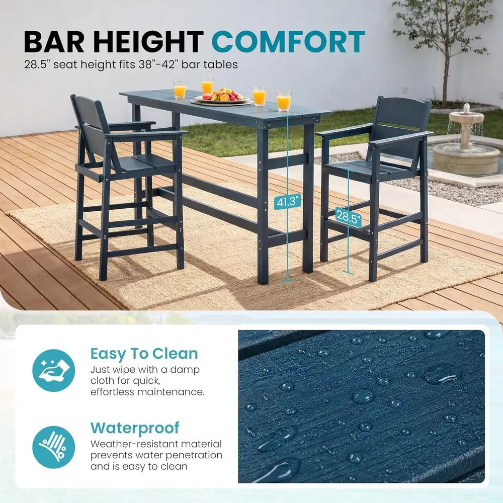 3-Piece Outdoor Patio Bar Set with 2 Chairs, HDPE Weather-Resistant Furniture, Ideal for Balcony, Deck, or Garden, Deep Blue