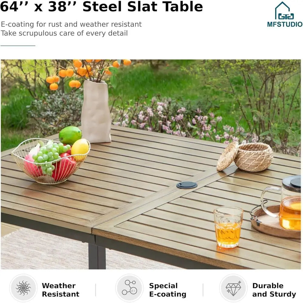 64X38 Outdoor Patio Dining Table with Wood-Like Tabletop and Adjustable Umbrella Hole for Deck, Backyard, Lawn, Garden
