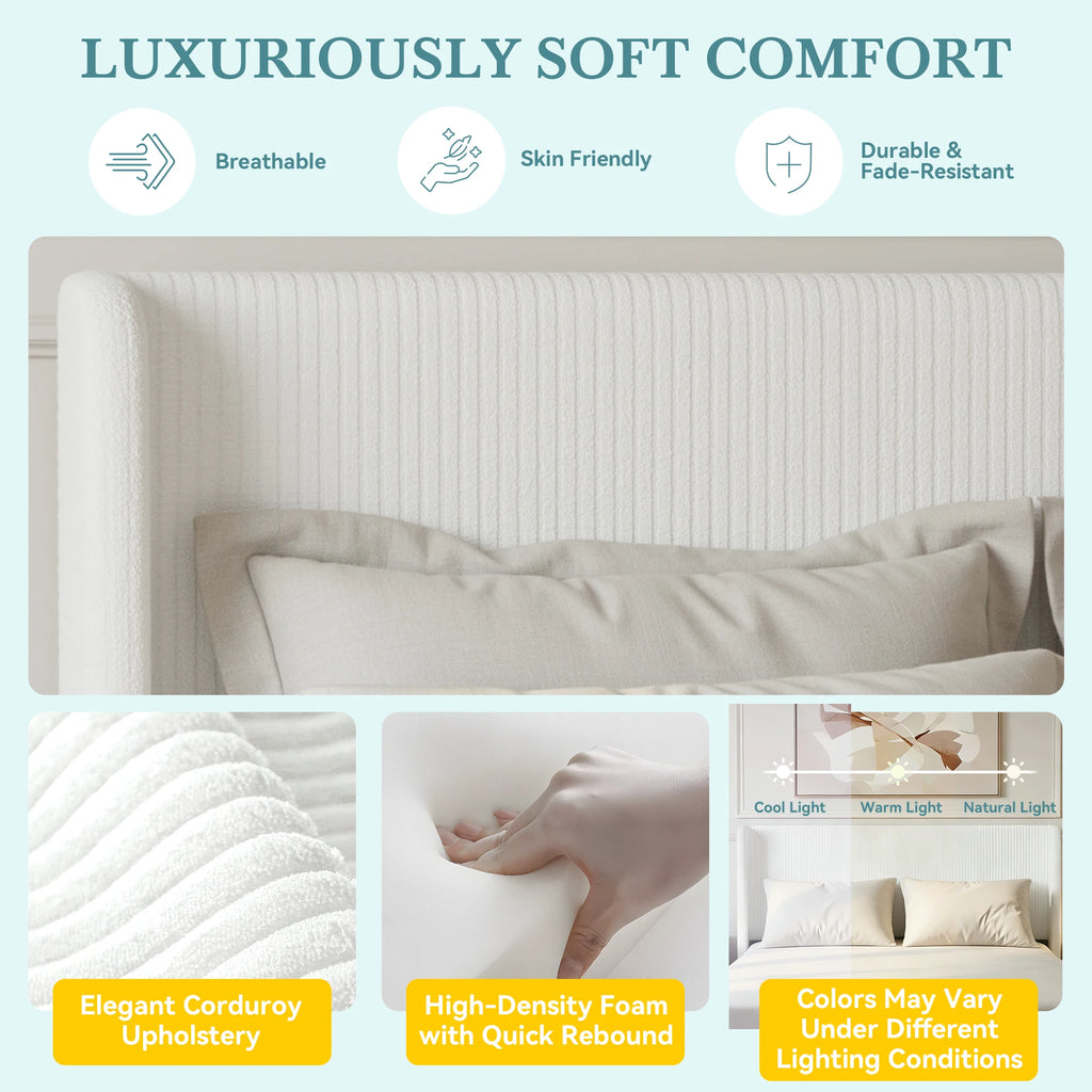 Corduroy Upholstered Platform Bed Frame, Wingback Channel Tufted Headboard, 8" Underbed Storage, No Box Spring Needed