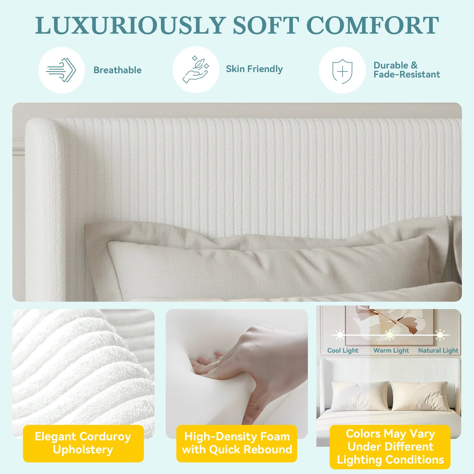 Corduroy Upholstered Platform Bed Frame, Wingback Channel Tufted Headboard, 8" Underbed Storage, No Box Spring Needed