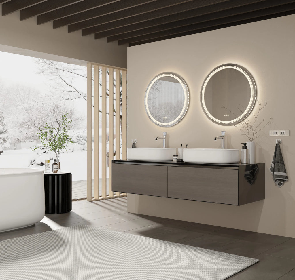 600Mm LED round Wall Mounted Vanity Mirror with Demister Pad Smart Touch Sensor Memory Function Backlit Front Lighted 3 Colors