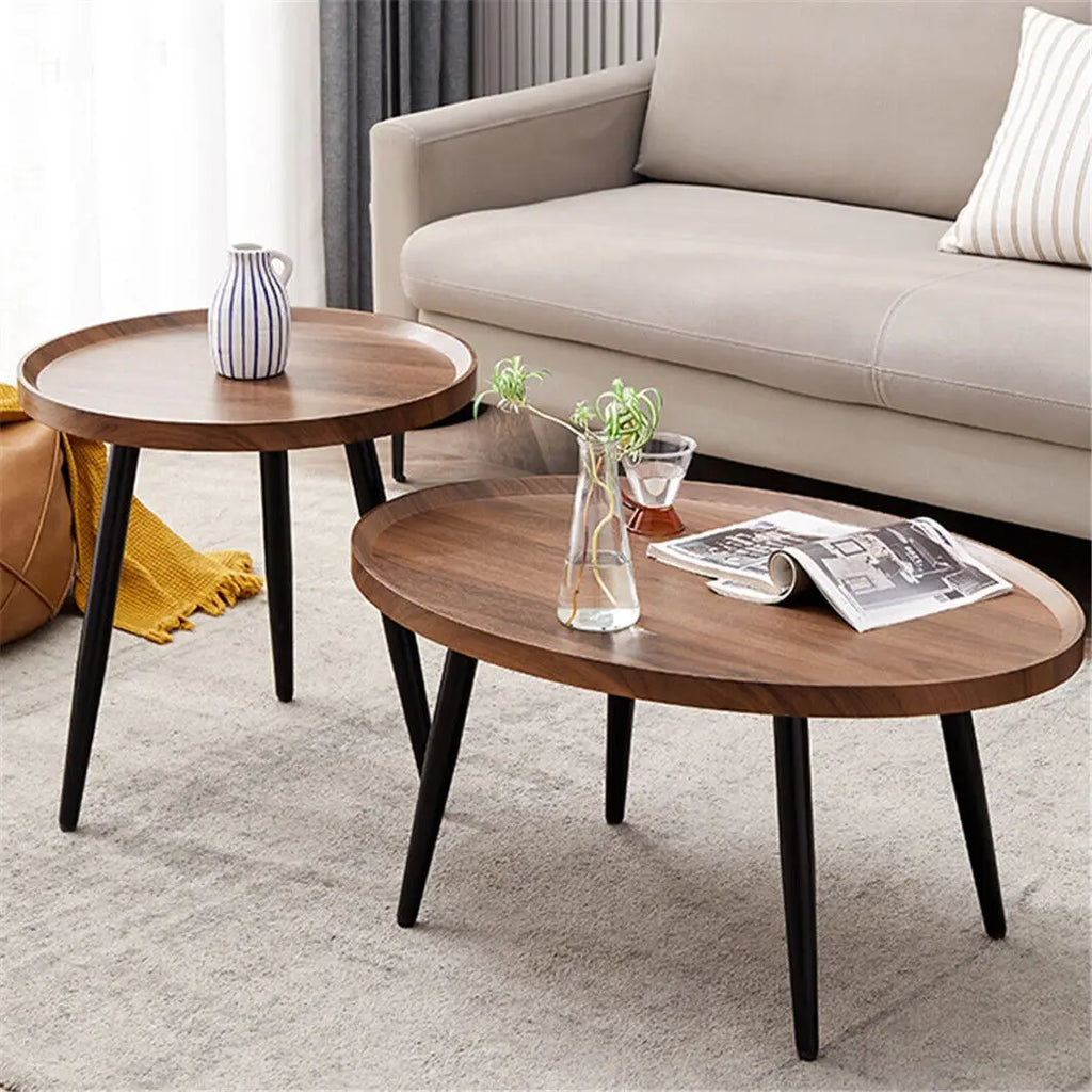 Round Coffee Table Set of 2 Rustic for Living Room Modern Nesting Tables for Balcony Office with Wood Table Top and Metal Legs