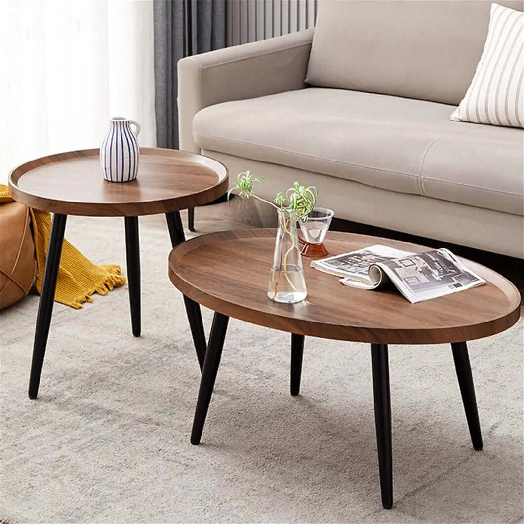Round Coffee Table Set of 2 Rustic for Living Room Modern Nesting Tables for Balcony Office with Wood Table Top and Metal Legs