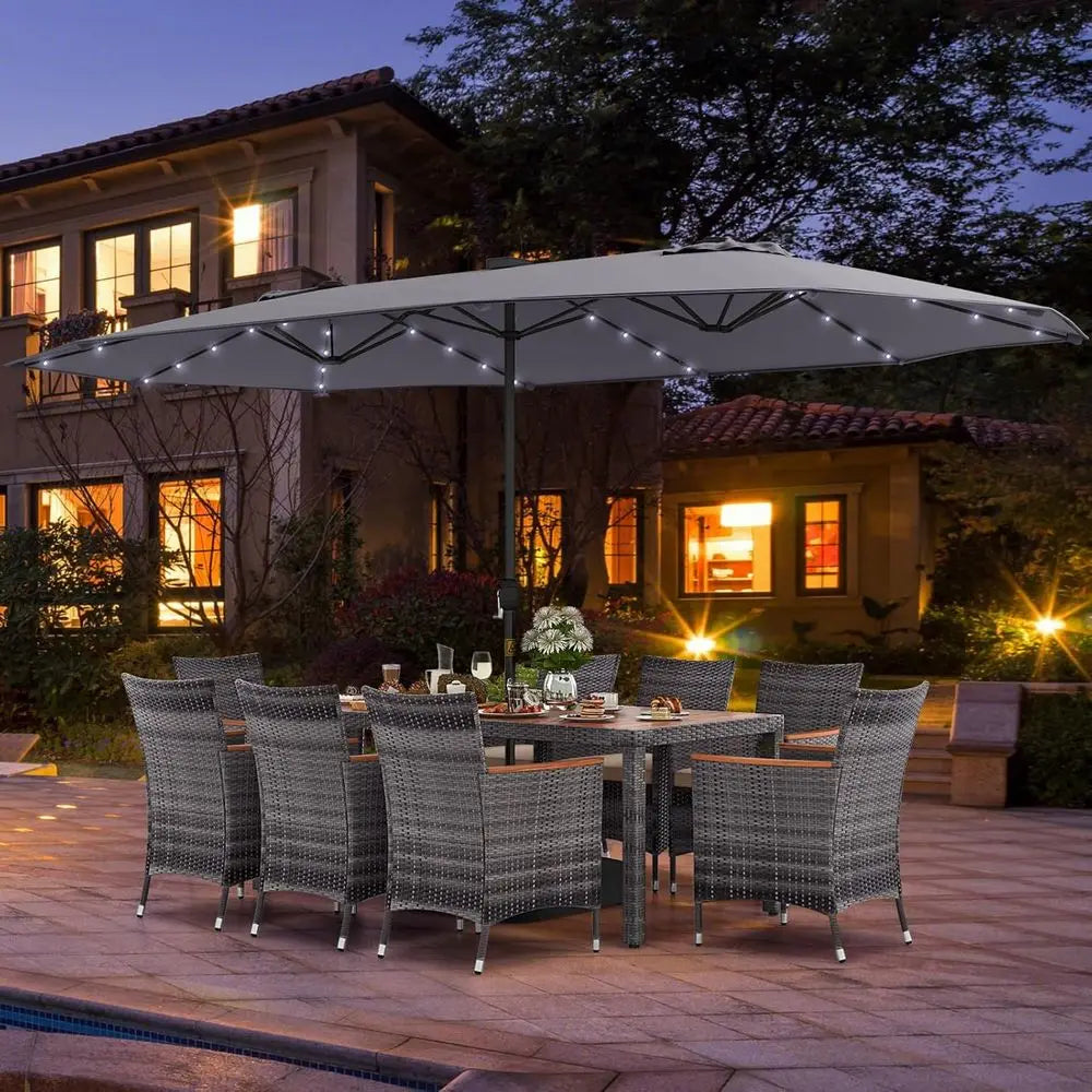 11-Piece Outdoor Patio Dining Set with Double-Sided LED Umbrella and Acacia Wood Table