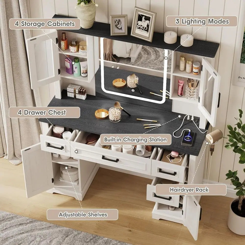 45-Inch White Makeup Vanity Desk with Mirror – LED Lights, Charging Station, Drawers & Cabinet Storage
