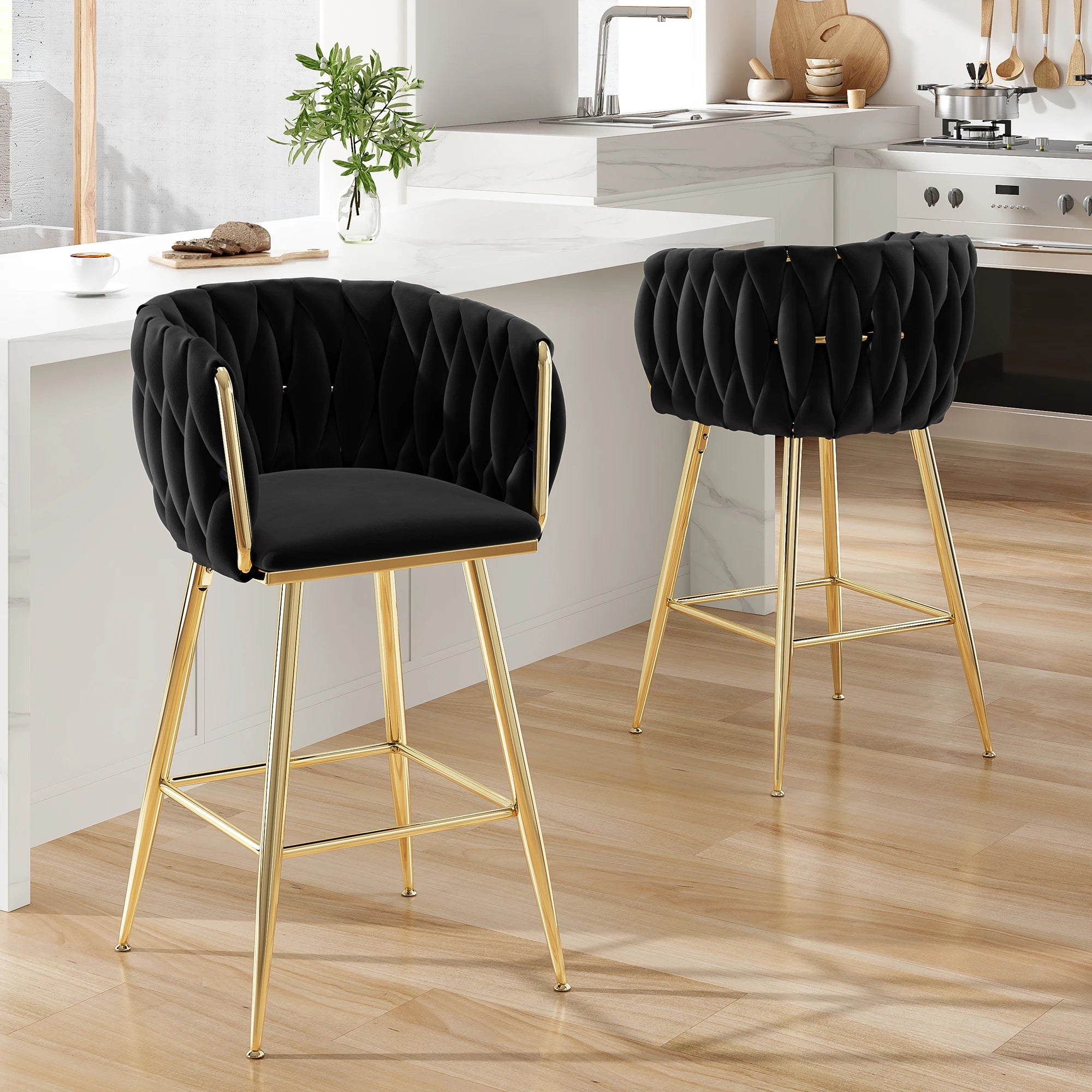 Set of 2 26" Bar Stools, Modern Mid-Century Kitchen Stools with Back, Metal Legs, for Kitchen, Dining Room