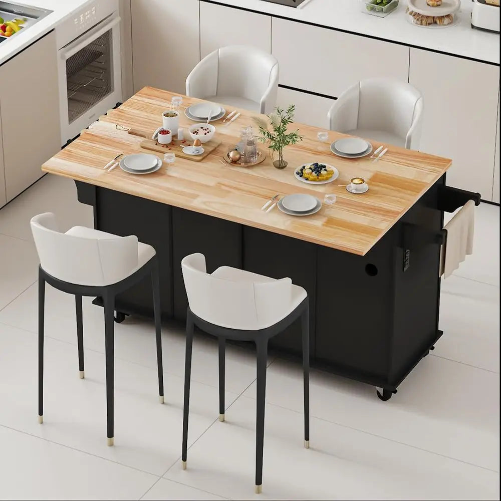 67 Rolling Kitchen Island with Drop Leaf Breakfast Bar, Storage Cabinet, and Spice Rack in Black