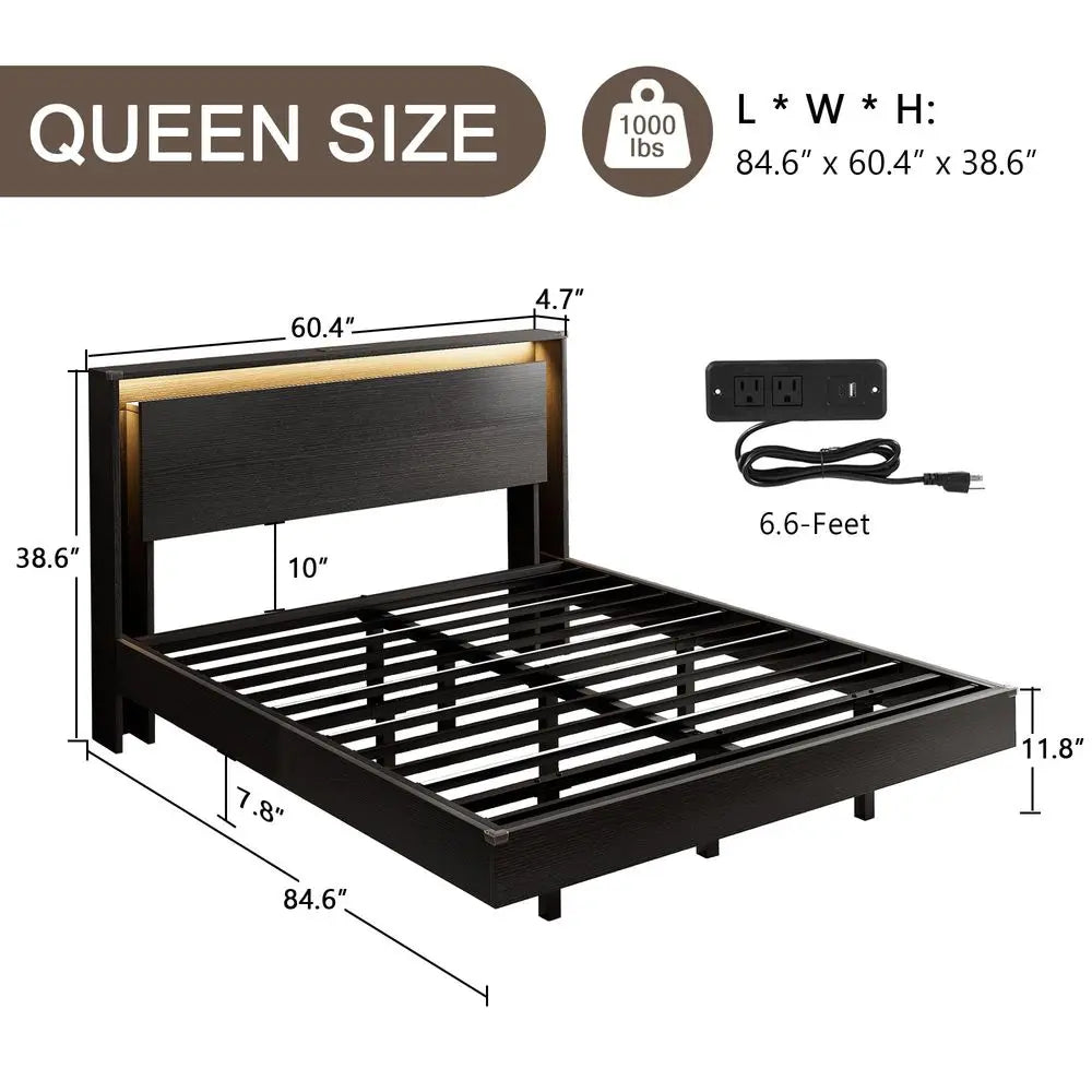 Bed Frame Queen Size with LED Lights Amp Charging Station Kids Wood Floating Queen Bed Frame with Storage Headboard, Adhesive S