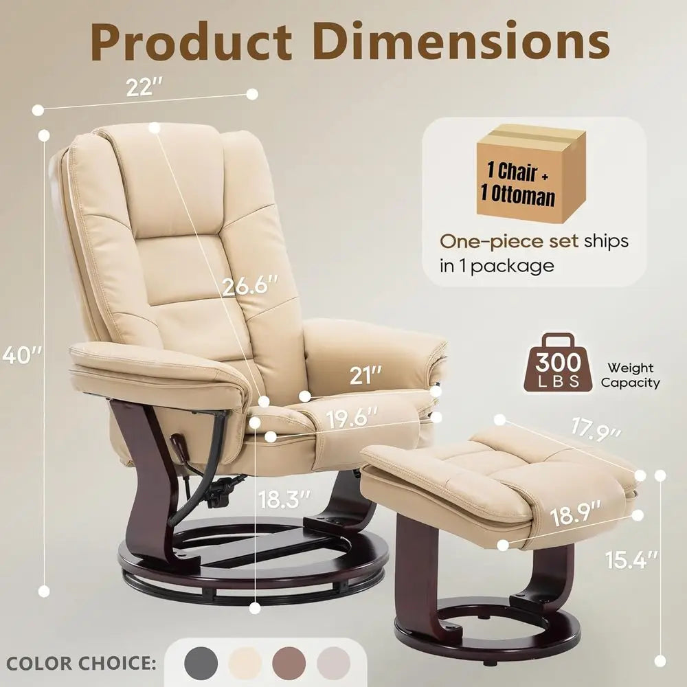 Swivel Recliner Chair with Ottoman, Beige PU Leather – 360° Reclining Lounge Chair