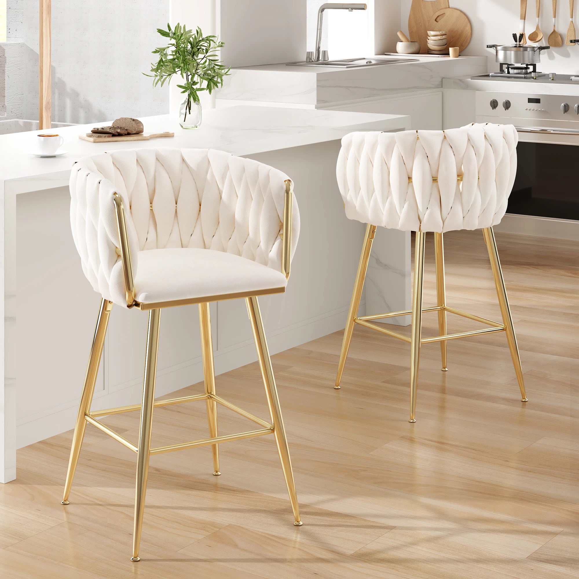 Set of 2 26" Bar Stools, Modern Mid-Century Kitchen Stools with Back, Metal Legs, for Kitchen, Dining Room