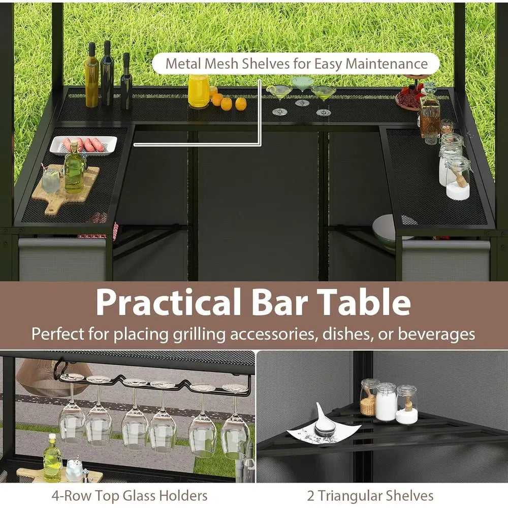 Gray 3-Piece Patio Bar Set with Grill Gazebo, Folding Bar Stools, Awning, Metal Shelves, and Drink Holders