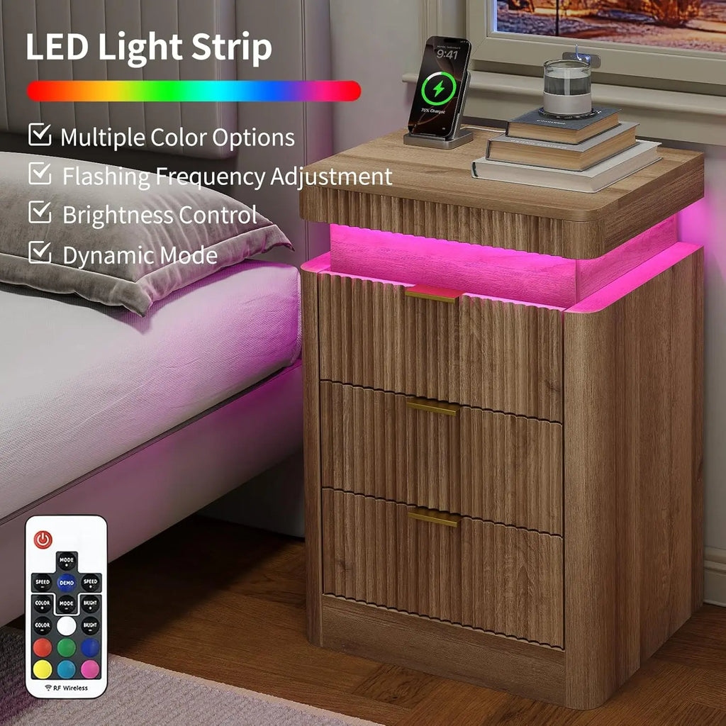 Fluted Night Stand with Charging Station Set of 2, 3-Drawer LED Bedside Tables for Bedroom, Modern Sofa Side Tables, Customized
