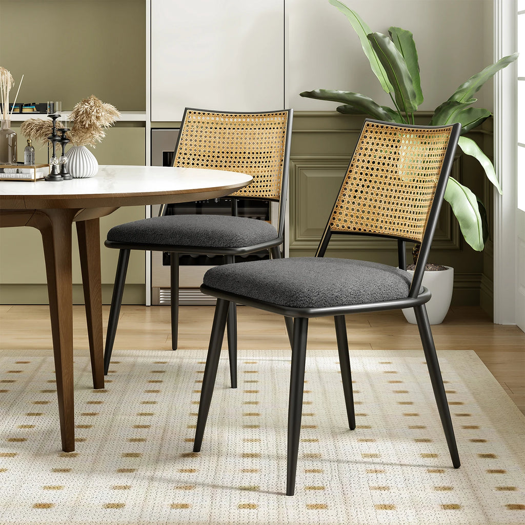 Set of 2 Modern Rattan Dining Chairs, Upholstered Seat & Black Steel Frame, Ideal for Kitchen, Dining Room