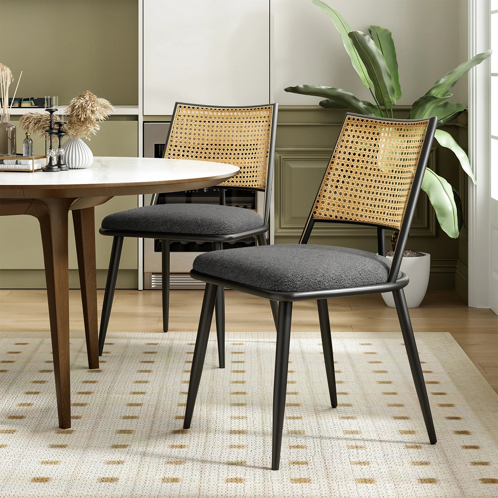 Set of 2 Modern Rattan Dining Chairs, Upholstered Seat & Black Steel Frame, Ideal for Kitchen, Dining Room