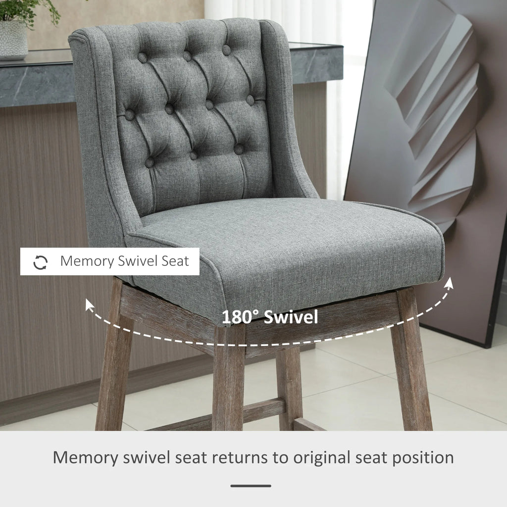 HOMCOM Bar Height Bar Stools Set of 2, 180 Degree Swivel Barstools with Solid Wood Footrests and Button Tufted Design, 30" Seat Height Bar Chairs for Kitchen Island, Gray