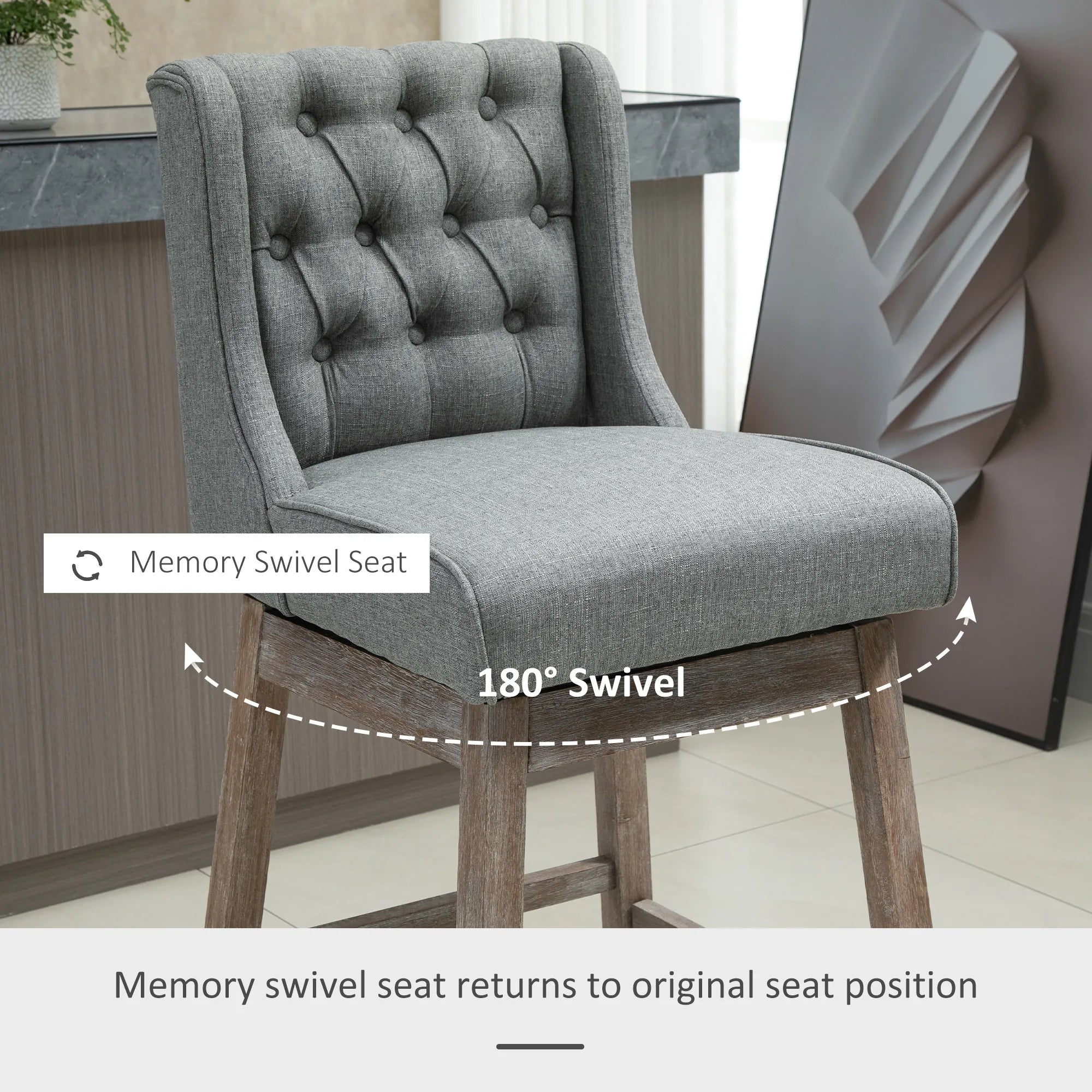 HOMCOM Bar Height Bar Stools Set of 2, 180 Degree Swivel Barstools with Solid Wood Footrests and Button Tufted Design, 30" Seat Height Bar Chairs for Kitchen Island, Gray
