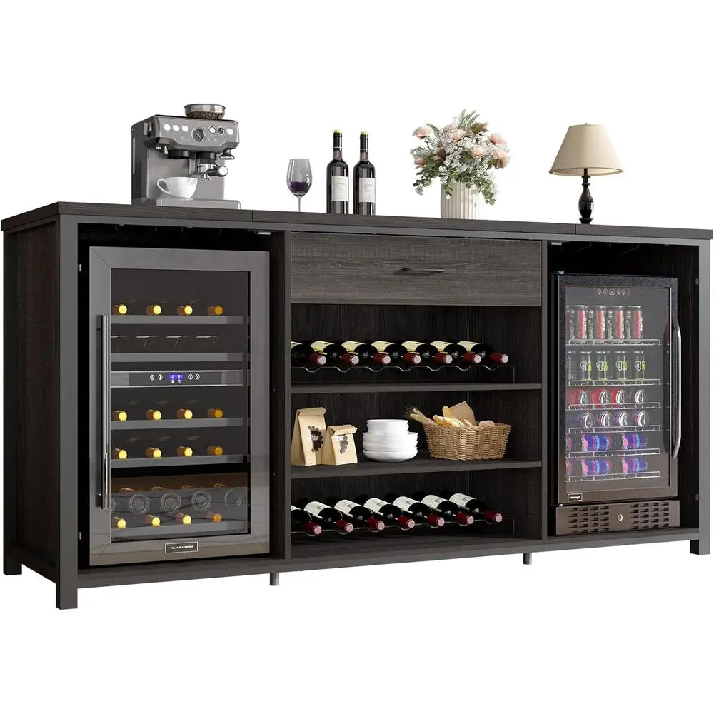 70 Inch Rustic Wood and Metal Large Wine Cabinet with Storage for Kitchen Dining Room