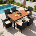 Dining 7 PCS Furniture, Patio Conversation Set with Acacia Wood Table Top, Outdoor, Beige Cushion and Black Rattan, Customized