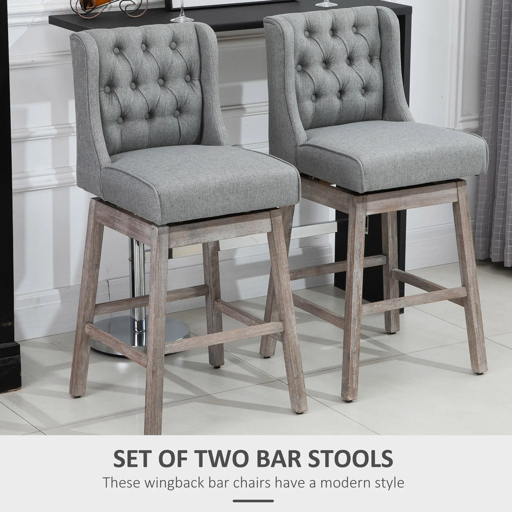 HOMCOM Bar Height Bar Stools Set of 2, 180 Degree Swivel Barstools with Solid Wood Footrests and Button Tufted Design, 30" Seat Height Bar Chairs for Kitchen Island, Gray