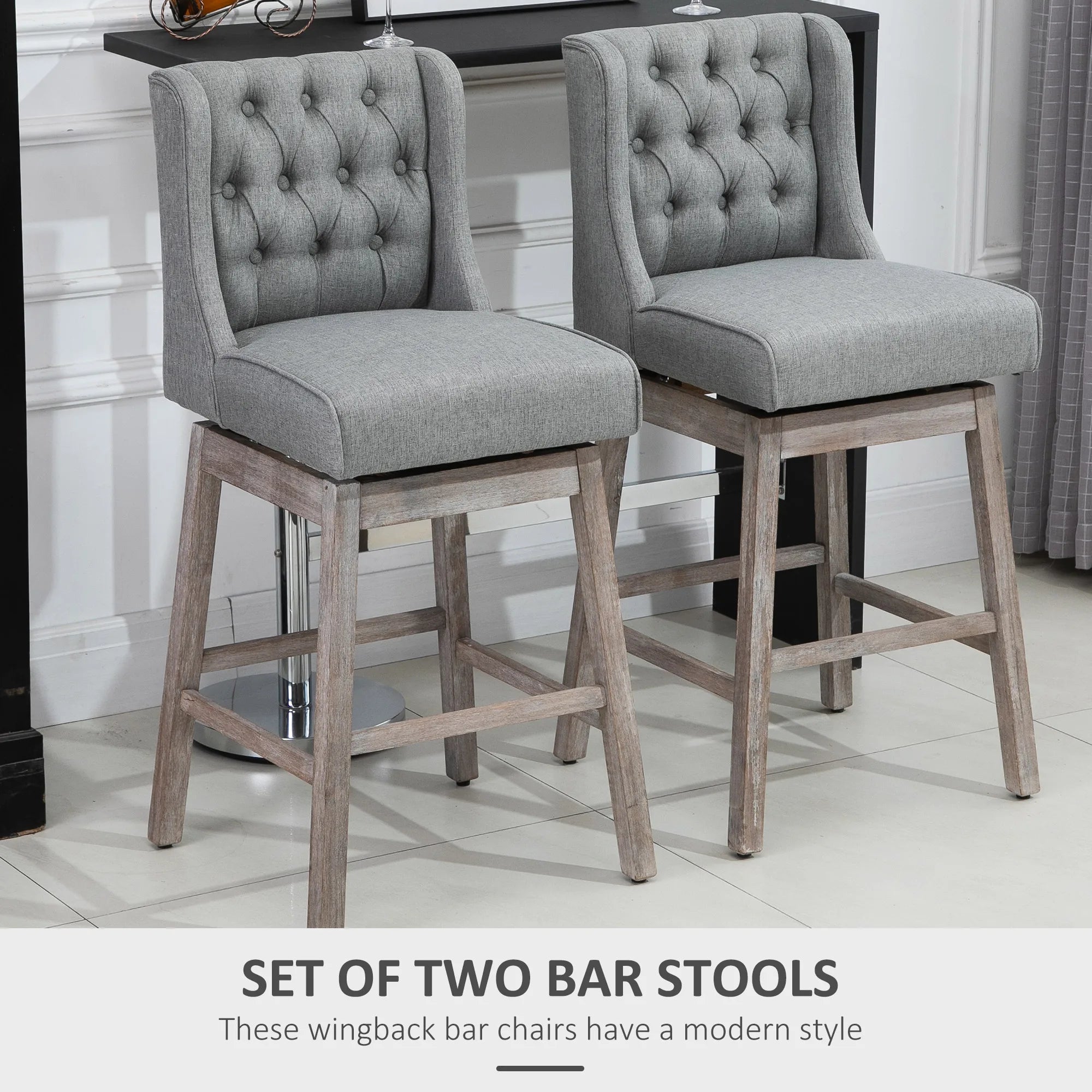 HOMCOM Bar Height Bar Stools Set of 2, 180 Degree Swivel Barstools with Solid Wood Footrests and Button Tufted Design, 30" Seat Height Bar Chairs for Kitchen Island, Gray