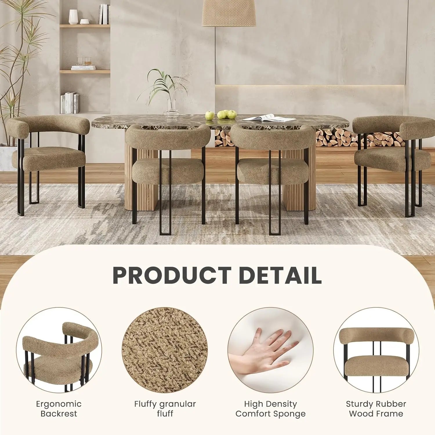 Set of 2 Upholstered Bouclé Dining Arm Chairs, Modern Accent Chairs with Cushioned Seat & Back, for Living Room