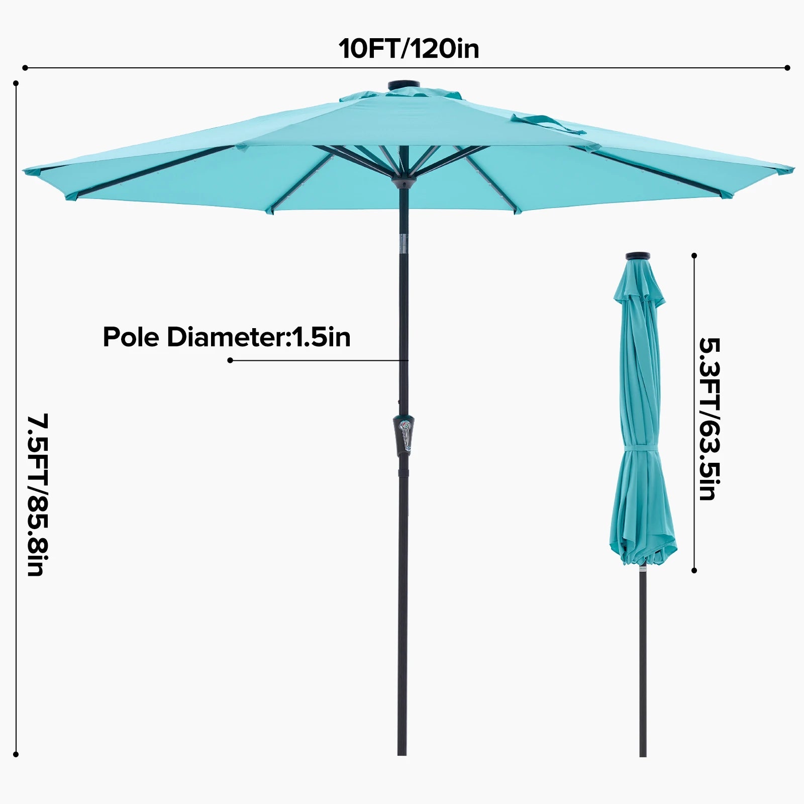 10FT with 32 LED Lights Solar Patio Umbrella Uv-Resistant Outdoor Table Umbrella with Tilt and Crank for Outdoor Backyard Garden