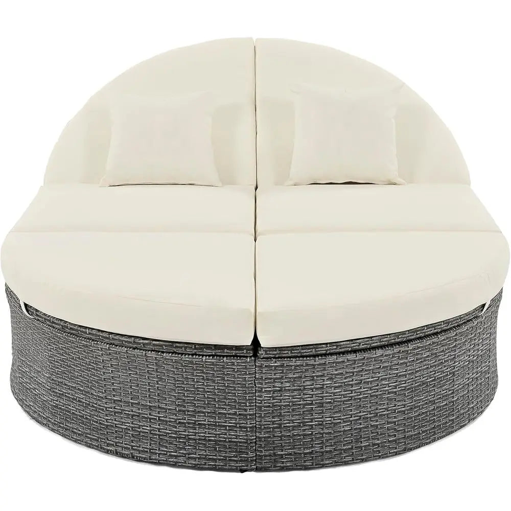 2-Person Outdoor Rattan Daybed with Adjustable Backrests, Cushions & Pillows – Beige