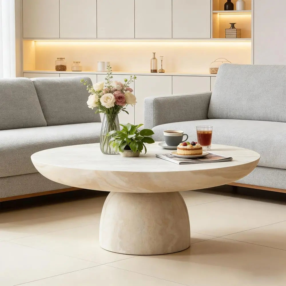 Round Marble Coffee Table with Cylindrical Leg – Fiberglass Drum Center Table for Living Room & Cocktail Area