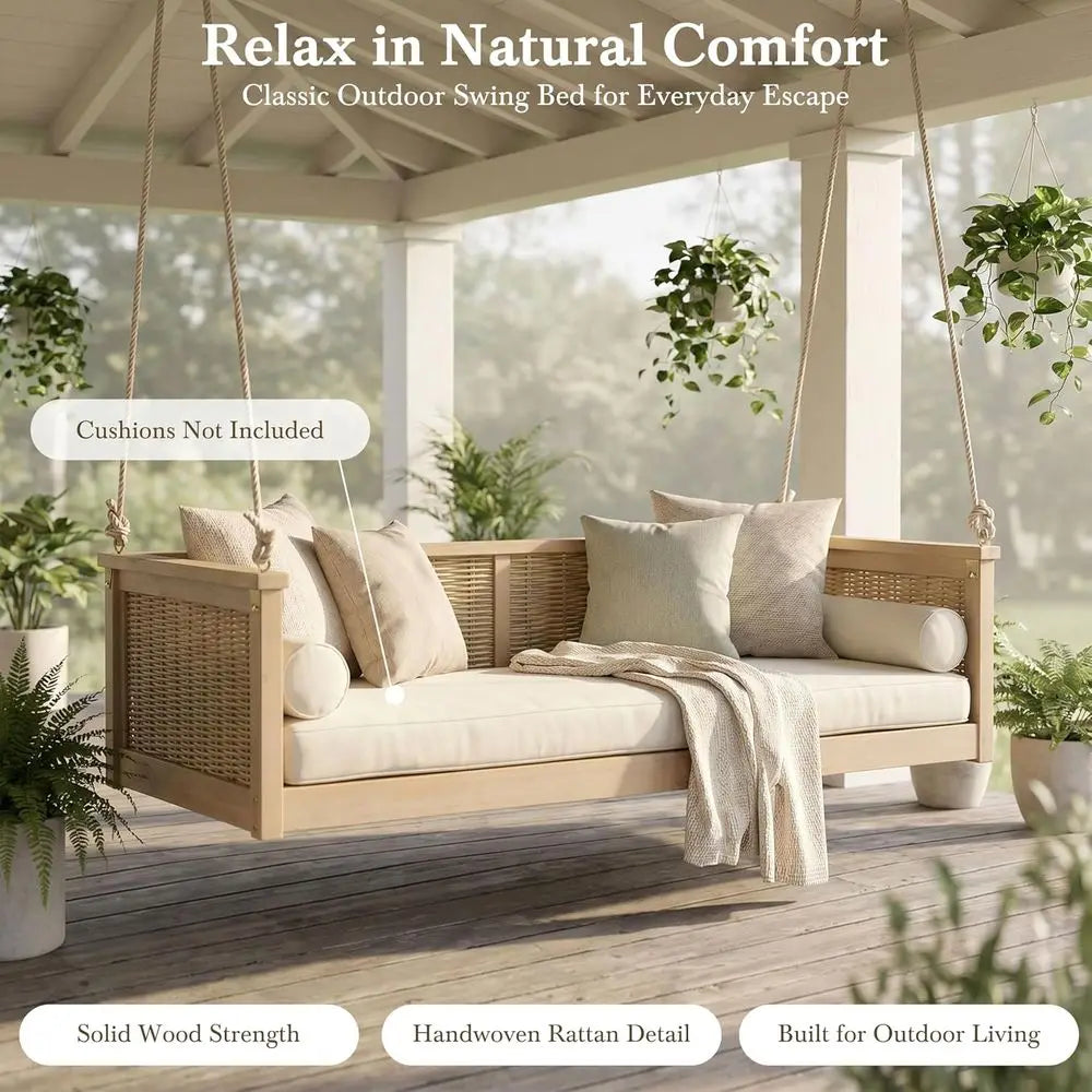 Durable 350Lb Capacity Rattan Swing Bed for Outdoor Use - Ideal for Porch, Backyard, Poolside, and Garden in Light Teak Finish