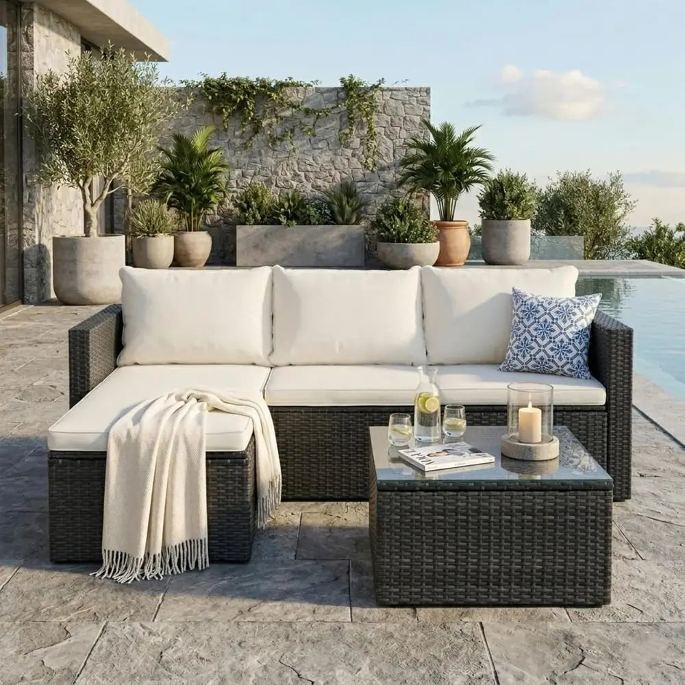4-Piece Outdoor Patio Furniture Set with 43 Propane Gas Fire Pit Table, Wicker Sectional Sofa for Backyard, Poolside, Garden (Be