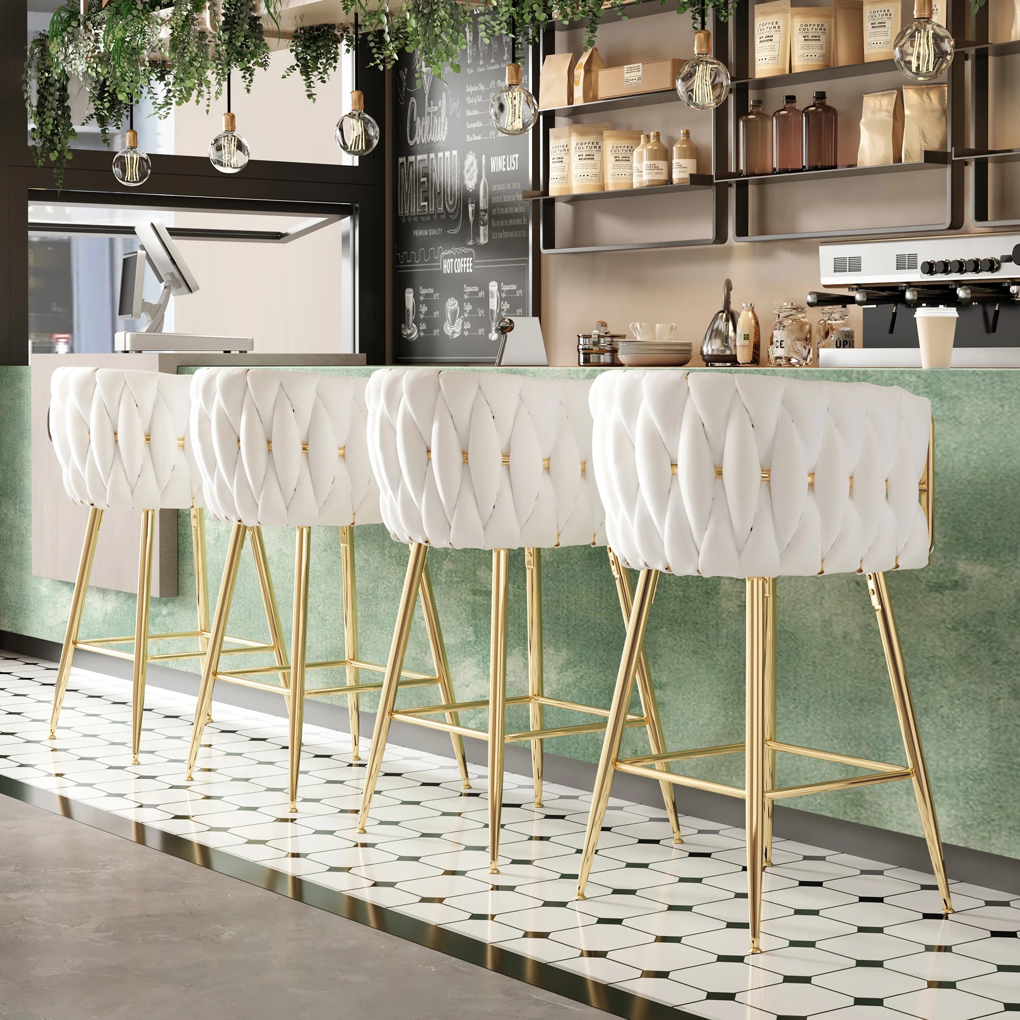 Set of 2 26" Bar Stools, Modern Mid-Century Kitchen Stools with Back, Metal Legs, for Kitchen, Dining Room