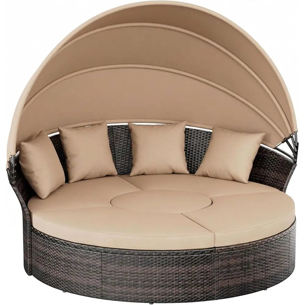 Outdoor Patio Daybed with Retractable Canopy – 5-Piece Brown Wicker Rattan Round Sectional Sofa Set