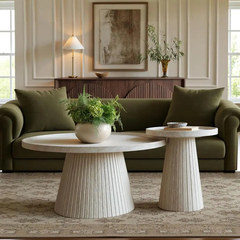 2-Piece Round Coffee Table Set with Marble Veneer – Nesting Travertine Tables for Living Room & Office
