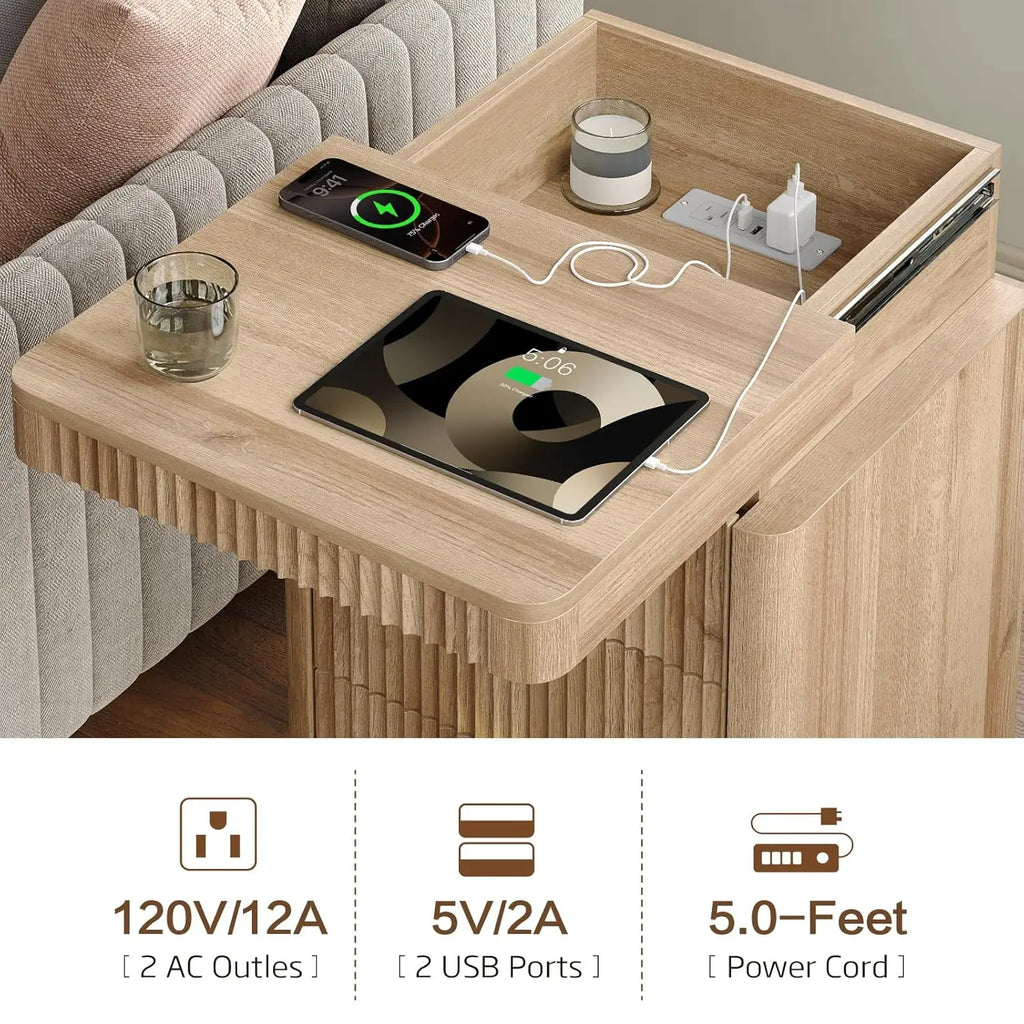 Fluted Night Stand with Charging Station Set of 2, 3-Drawer LED Bedside Tables for Bedroom, Modern Sofa Side Tables, Customized