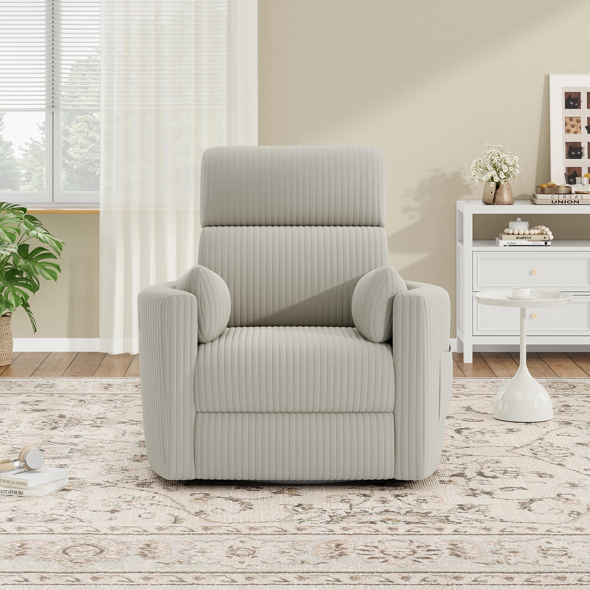 Electric Swivel Recliner Chair with USB Ports, Chenille Fabric, 300Lbs Capacity, Soft Pillows, for Living Room Home