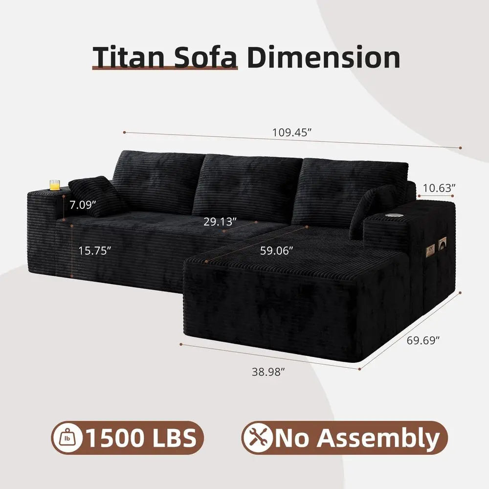Boneless Couches for Living Room, Modular Sectional Sofa with Oversized Chaise, Lshape Cloud Couch with Deep Seat Black, Right