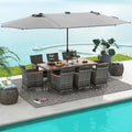 11-Piece Outdoor Patio Dining Set with Double-Sided LED Umbrella and Acacia Wood Table