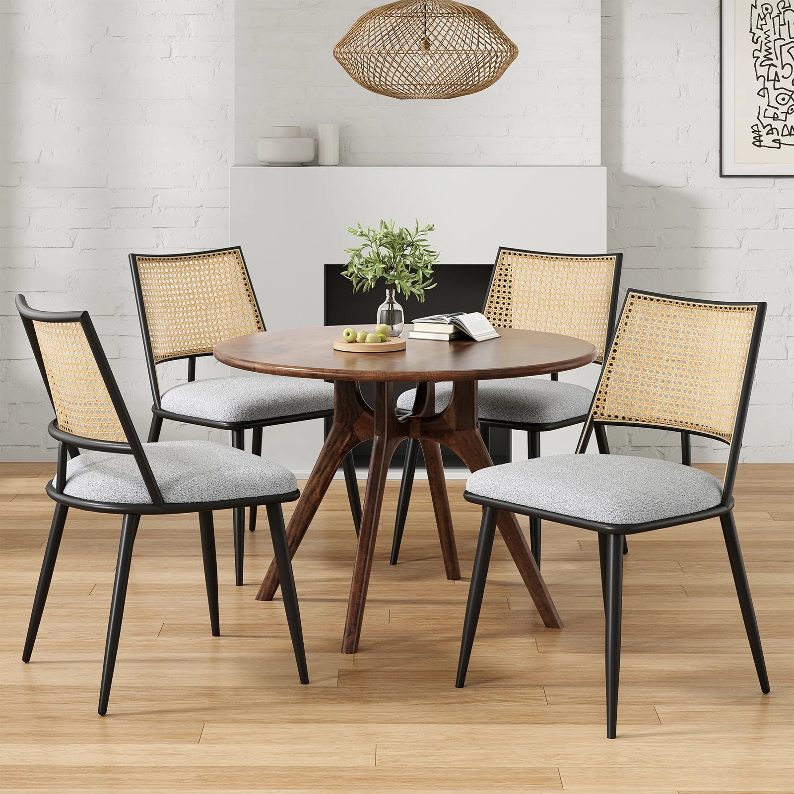 Set of 2 Modern Rattan Dining Chairs, Upholstered Seat & Black Steel Frame, Ideal for Kitchen, Dining Room